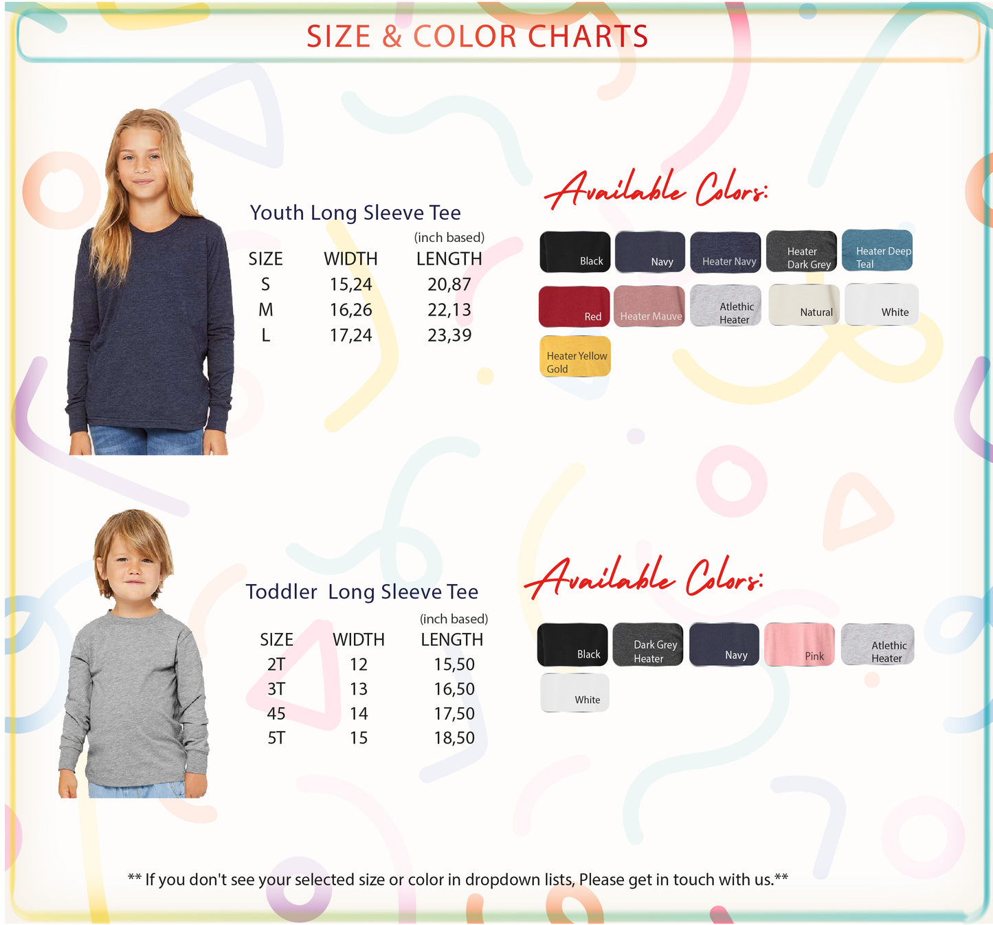 a child&#39;s size and color chart for a sweater