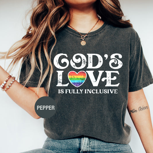 a woman wearing a t - shirt that says god's love is fully ind