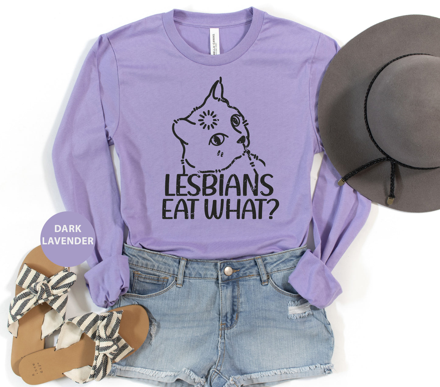 a purple shirt that says lesbians eat what?