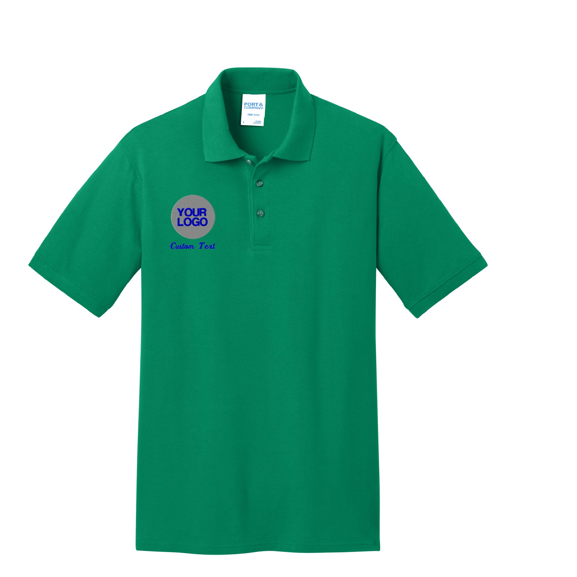 a green polo shirt with a blue logo