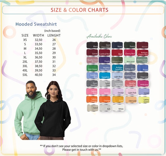 a man and a woman standing next to each other, both wearing hooded sweatshirts. The image also includes a color chart that lists various hooded sweatshirts in different sizes and colors.