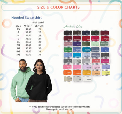 a man and a woman standing next to each other, both wearing hooded sweatshirts. The image also includes a color chart that lists various hooded sweatshirts in different sizes and colors.