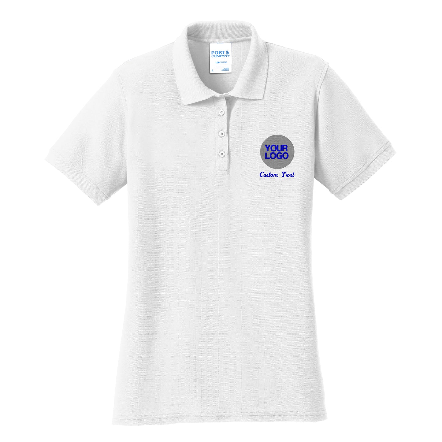 a white polo shirt with a blue and white logo