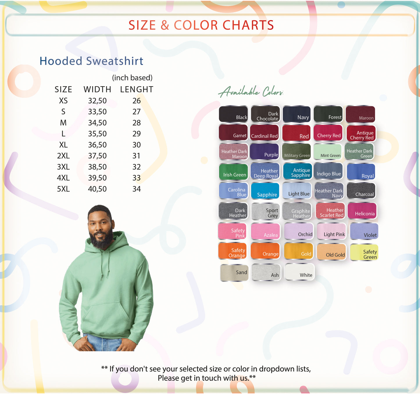 a picture of a man wearing a hoodie and color chart