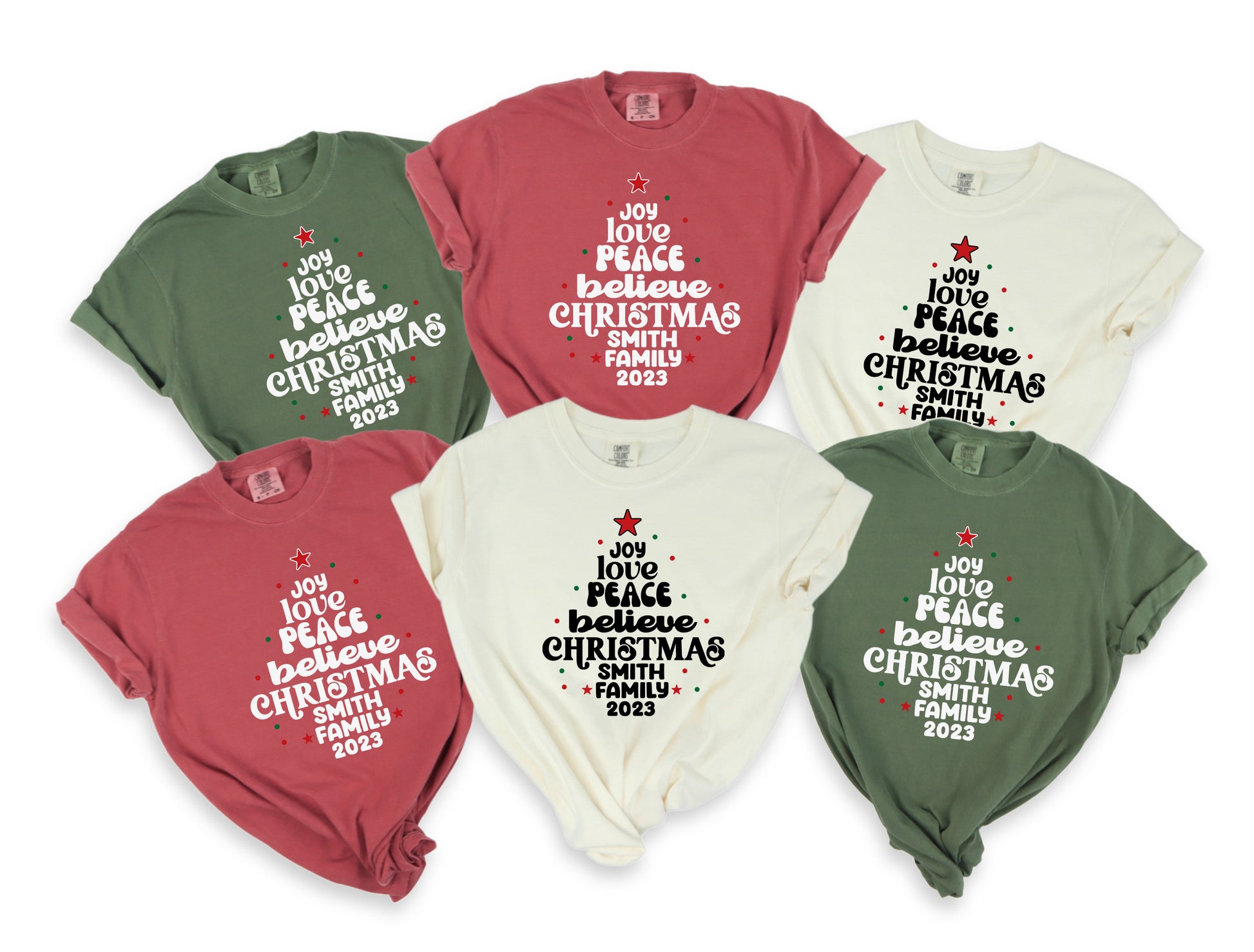 six t-shirts with Christmas-themed text and designs, arranged in two rows of three.
