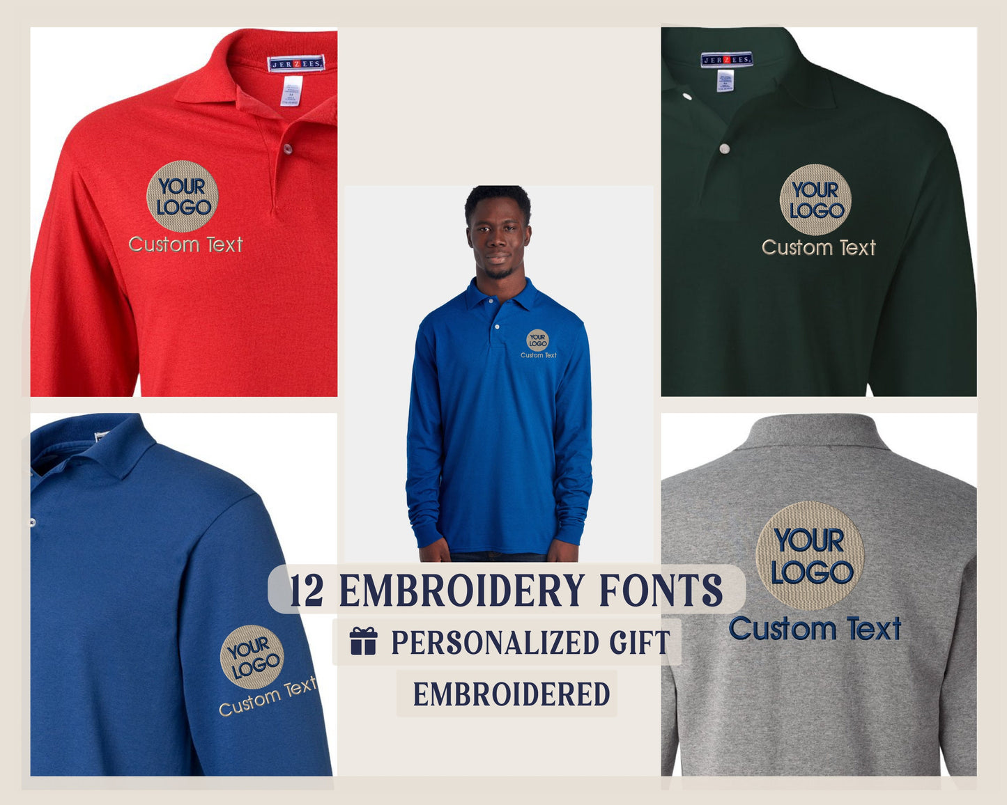 a group of men&#39;s polo shirts with custom text