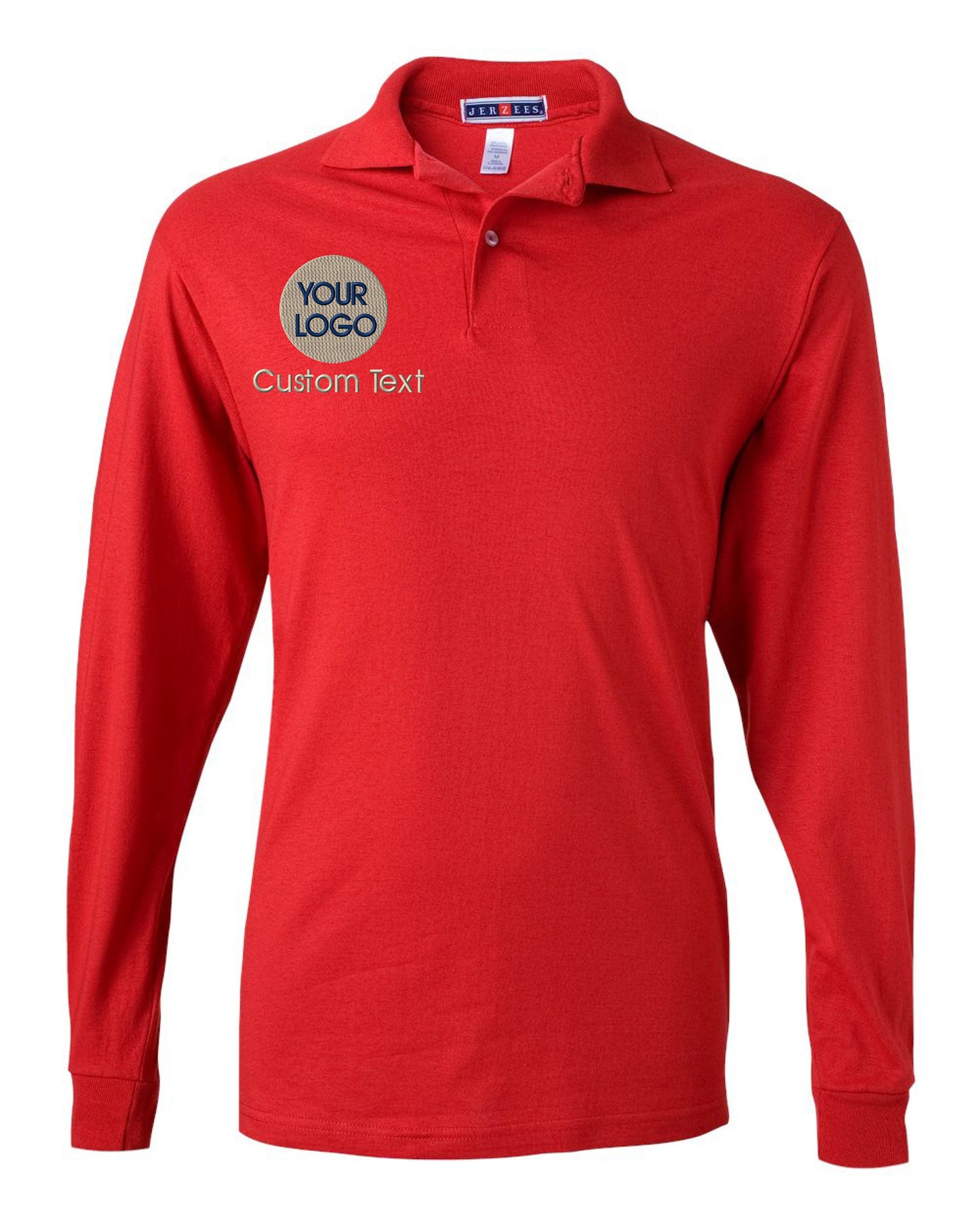 a red long sleeved shirt with the words your logo on it