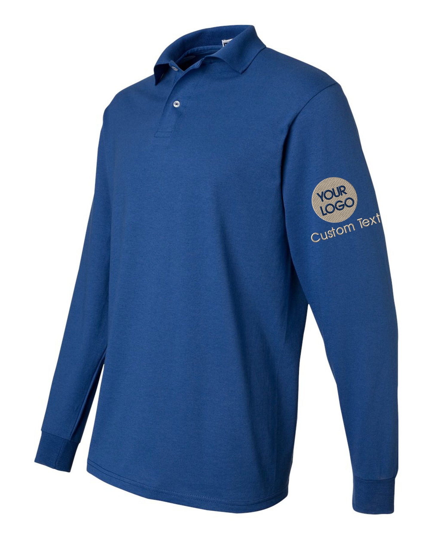 a blue polo shirt with a logo on it