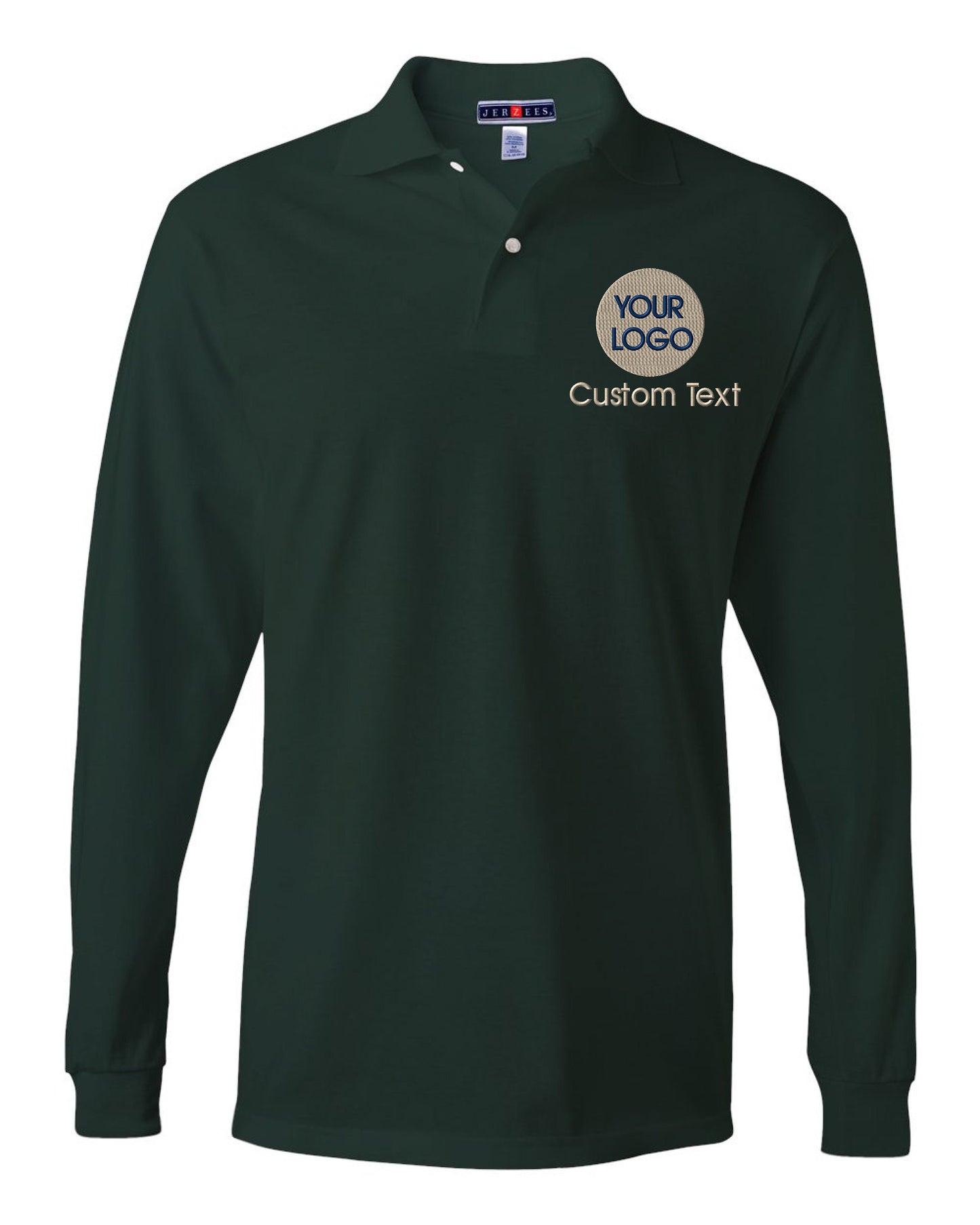 a dark green long sleeve polo shirt with the words your logo on it