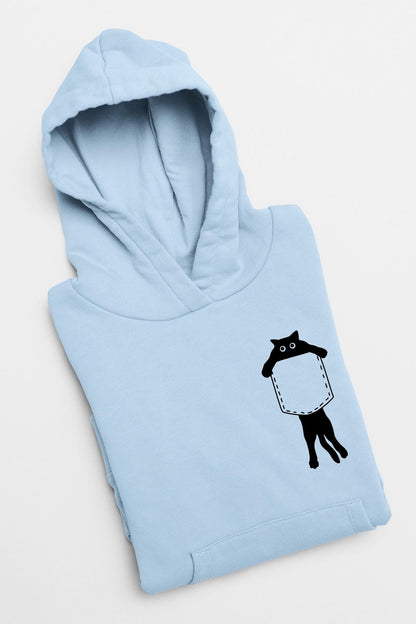 a blue hoodie with a black cat on it