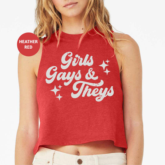 a woman wearing a red crop top that says girls, gays and they '