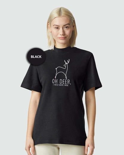 a woman wearing a black t - shirt with a deer on it