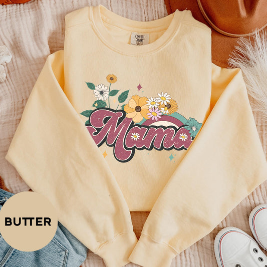 a yellow sweatshirt with the word mama printed on it
