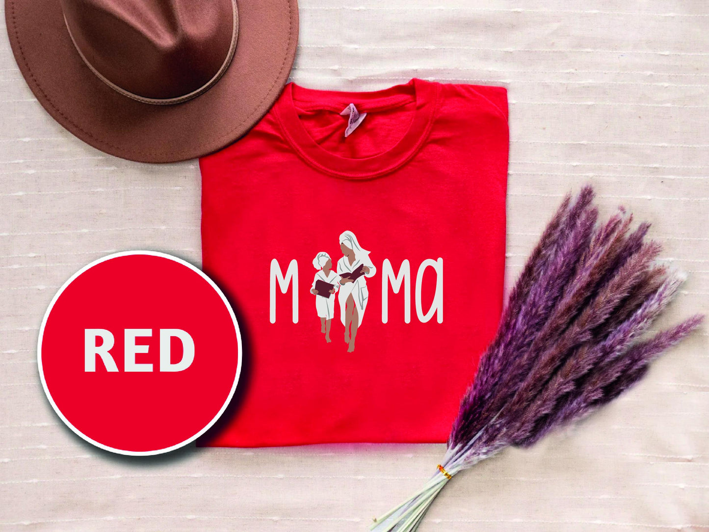 a red shirt with a picture of a man and a woman on it next to