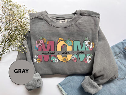 a gray sweatshirt with the word mom printed on it