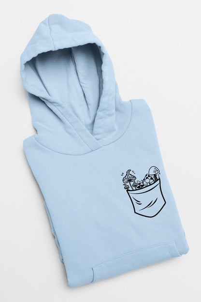 a blue hoodie with a picture of a pocket full of food