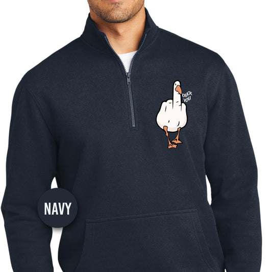 a man wearing a navy sweatshirt with a duck on it