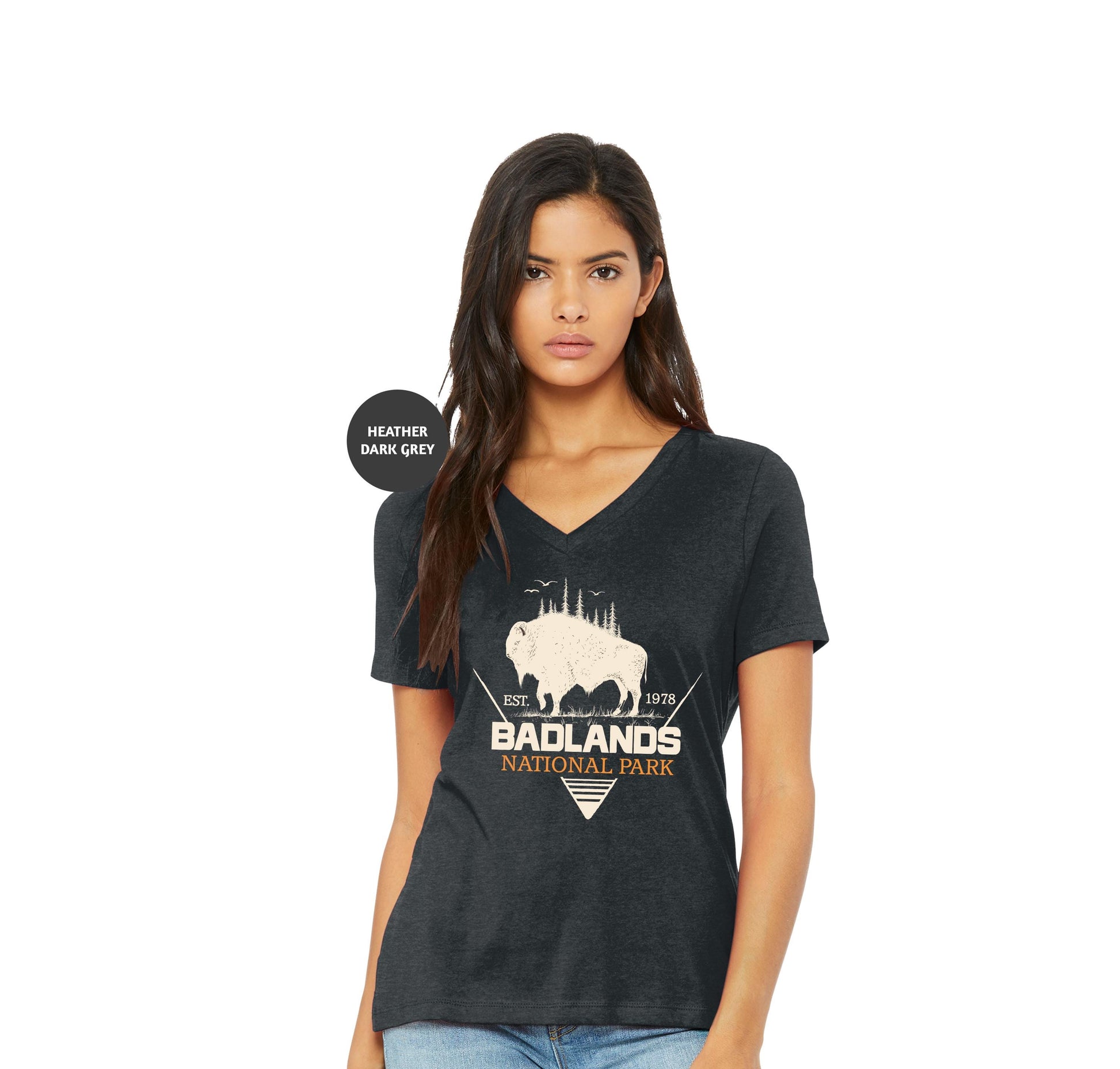 a woman wearing a black tshirt with a buffalo on it