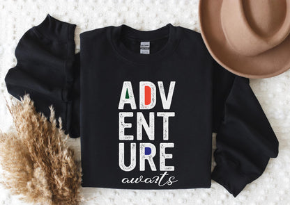 a black sweatshirt with the words adv ent sure awaits on it