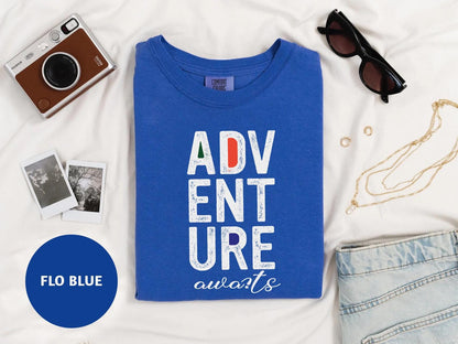 a blue t - shirt that says adv ent sure awaits surrounded by