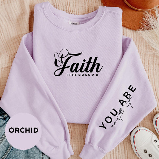 a purple sweatshirt with the words, faith, and you are grateful written on it