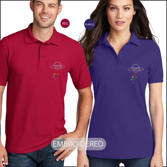 a man and a woman wearing matching polo shirts