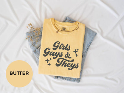 a t - shirt that says girls, guys and they on it