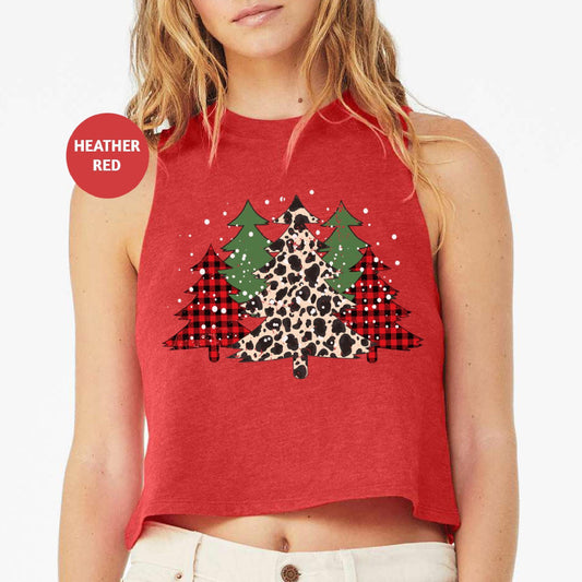 a woman wearing a red crop top with a leopard print on it