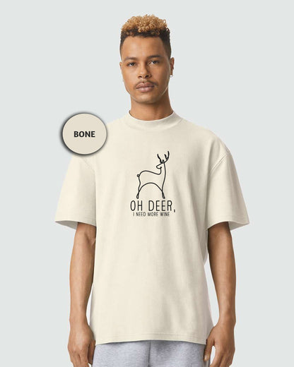 a man wearing a white t - shirt with a picture of a deer on it