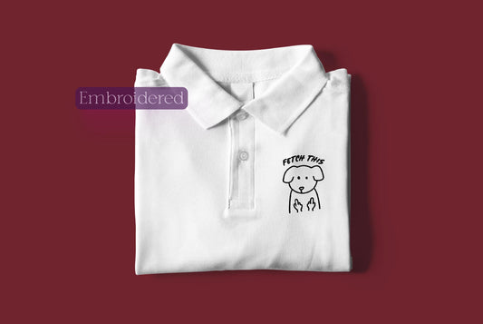 a white polo shirt with a picture of a dog on it