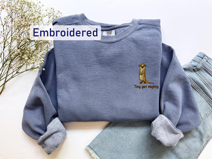 a blue sweatshirt with a dog embroidered on it