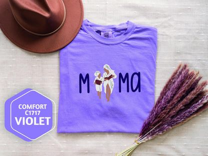 a purple shirt with a picture of two women on it