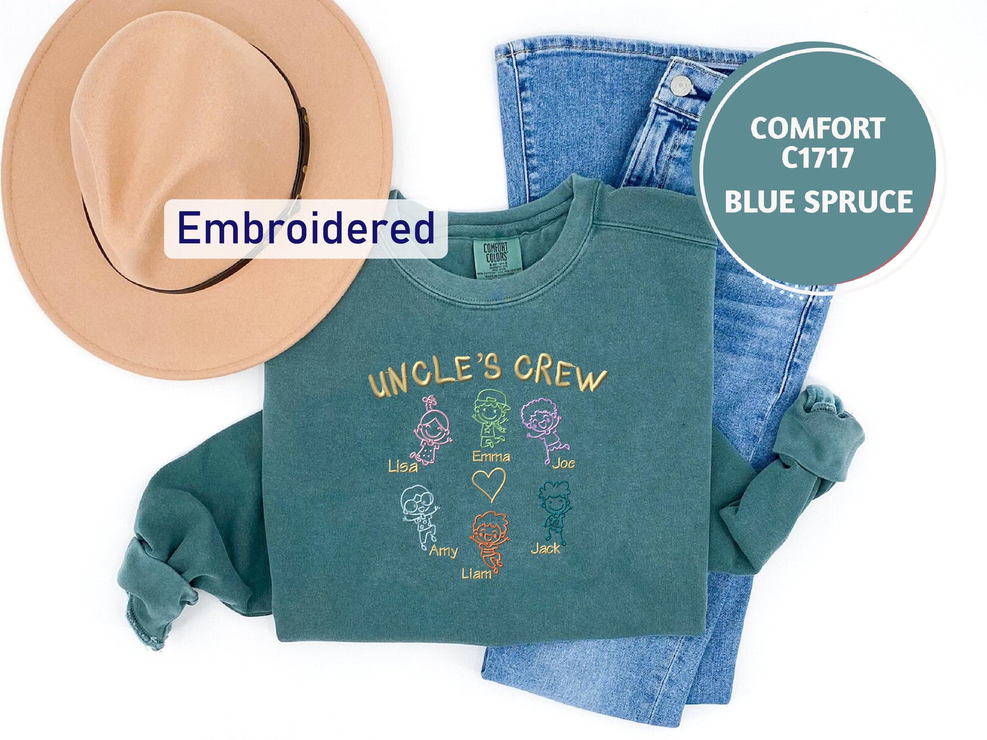 a hat, jeans, and t - shirt with the words uncle's crew