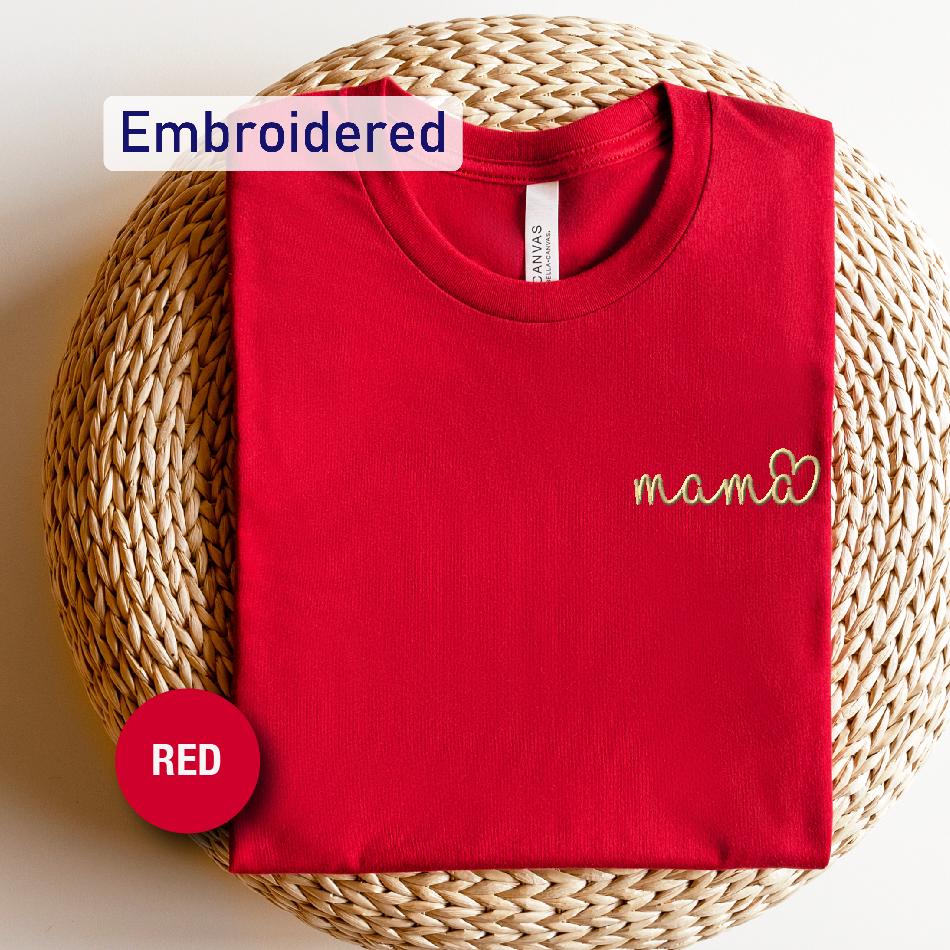 a red t - shirt with the word red embroidered on it