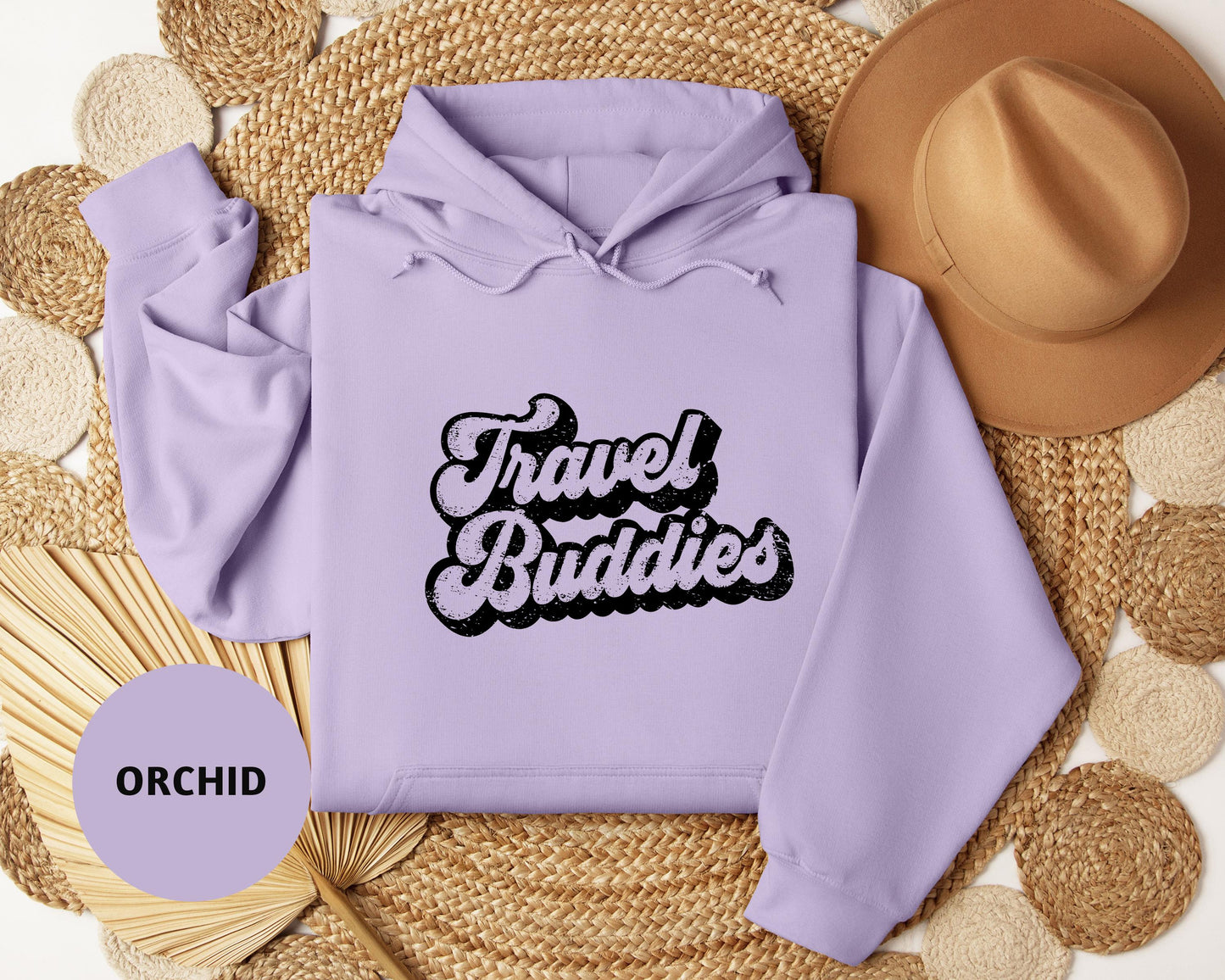 a purple hoodie with the words travel buddies on it