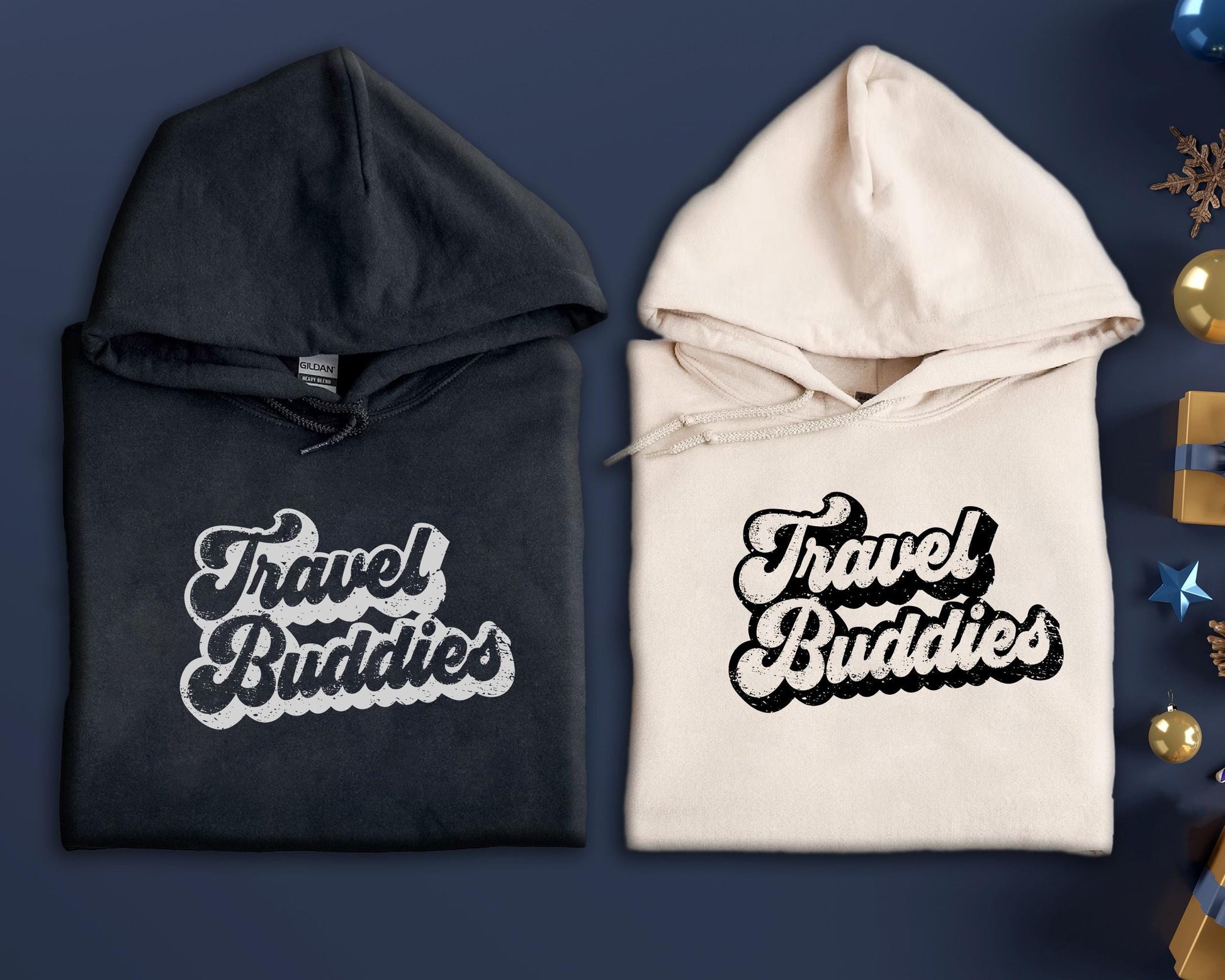 two sweatshirts with the words travel buddies printed on them