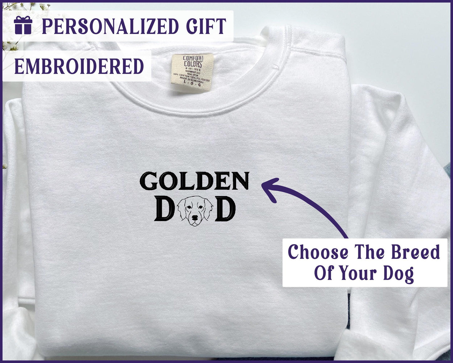 a white t - shirt with the words golden dad and a picture of a dog