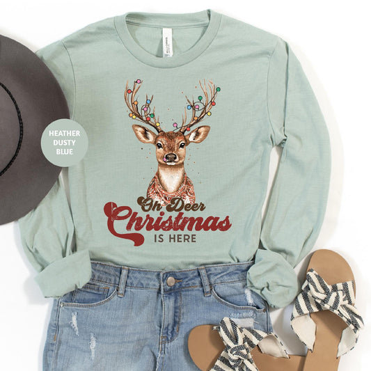 a shirt that says oh deer christmas is here