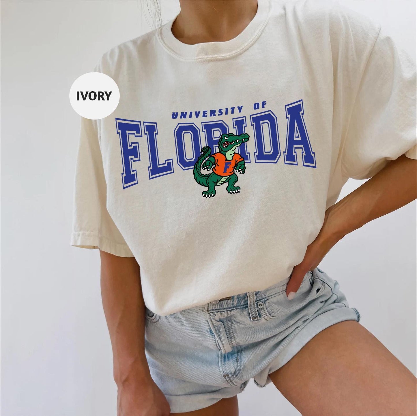 a woman wearing a florida university of florida t - shirt