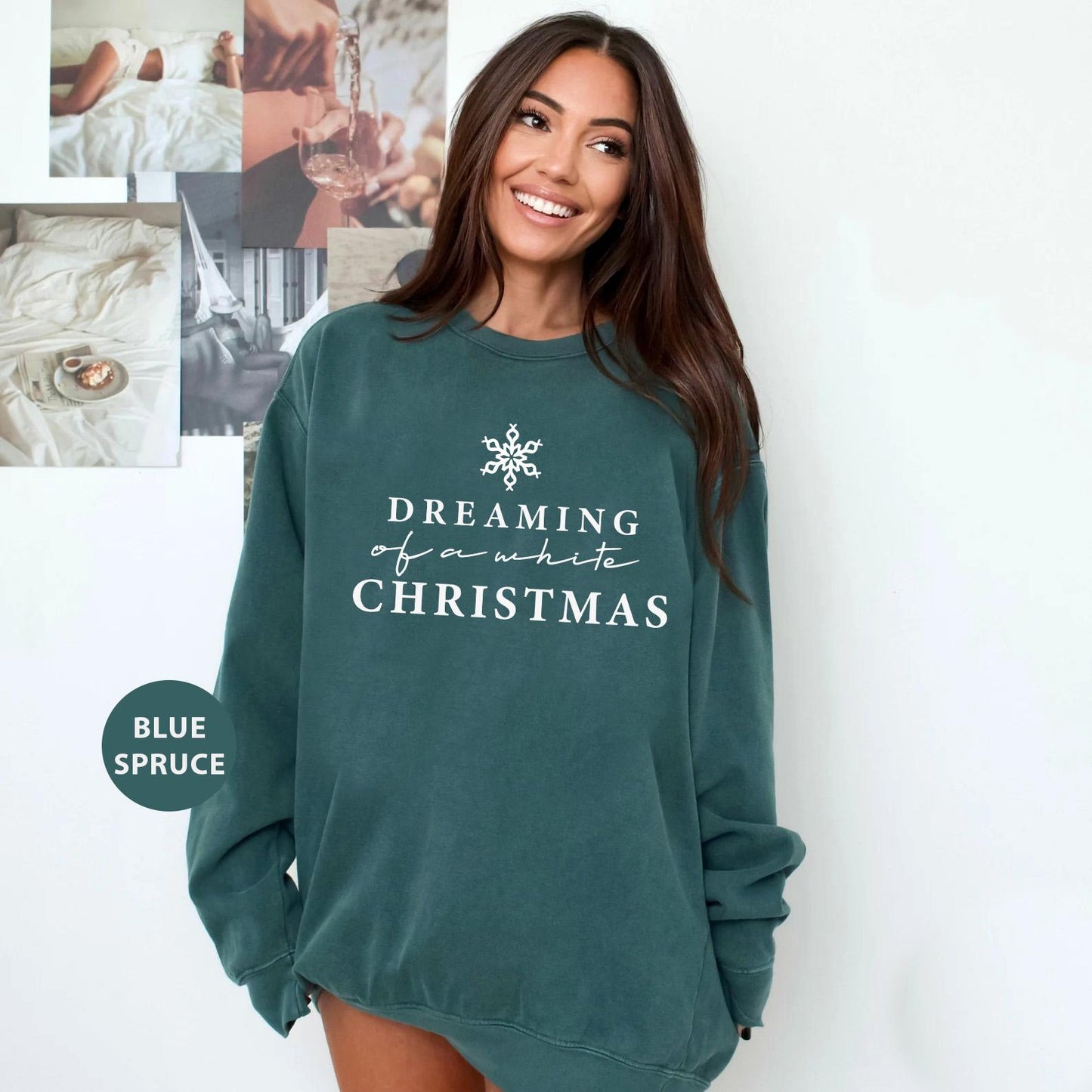 a woman wearing a green sweatshirt with a christmas message on it